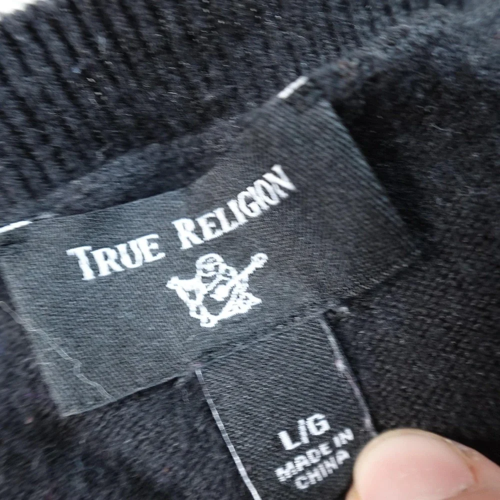 True Religion Sweater Mens L Black Pullover Crewneck Logo Long Sleeve Casual